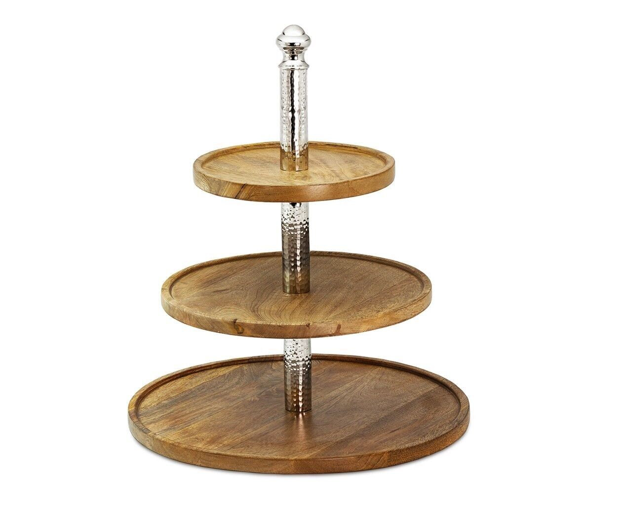 Etagere Granby mit 3 Ebenen, Mangoholz und Edelstahl hochglanzpoliert, Höhe 40 cm, Durchmesser 34 cm