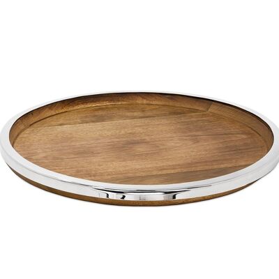 Tray serving tray Cincinnati, mango wood and stainless steel, shiny nickel-plated, diameter 40 cm