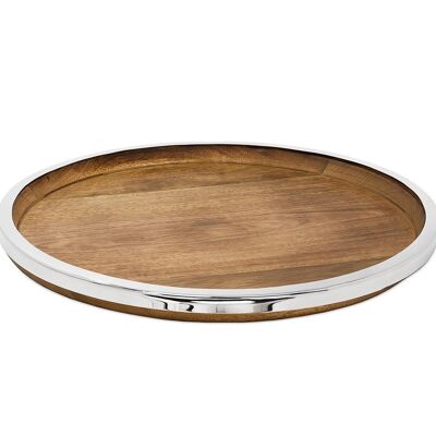 Tray serving tray Cincinnati, mango wood and stainless steel, shiny nickel-plated, diameter 40 cm