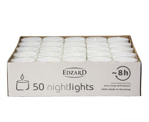 50 Stück WENZEL Nightlights Teelichtkerzen Teelichter , weiß, transparente Hülle, Brenndauer ca. 8 h