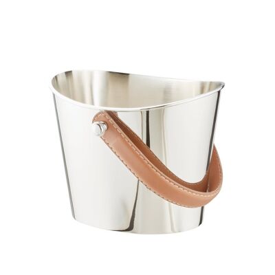 Ice bucket Gilbert with brown leather handle, stainless steel, shiny nickel-plated, height 14 cm