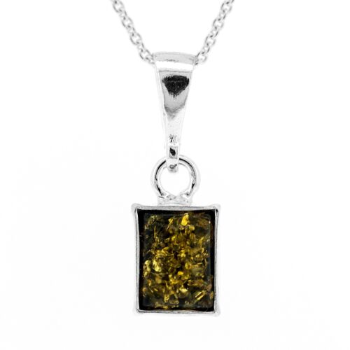 Green Amber and Sterling Silver Rectangle Pendant with 18" Trace Chain and Box