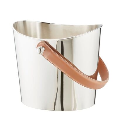 Ice bucket Gilbert wine cooler with brown leather handle, stainless steel shiny nickel-plated, height 17 cm