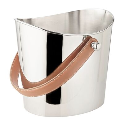 Ice bucket Gilbert wine cooler with brown leather handle, stainless steel shiny nickel-plated, height 23 cm