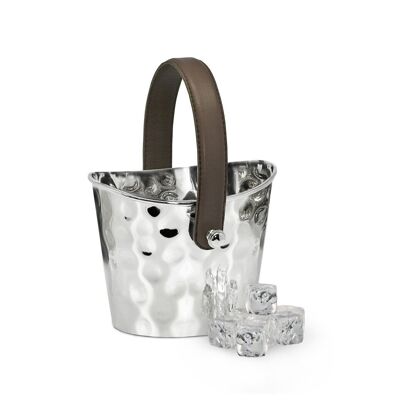 Ice bucket Gilbert hammered, with brown leather handle, stainless steel shiny nickel-plated, height 14 cm
