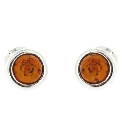 Small Round Shape Orange Amber Stud Earrings and Presentation Box