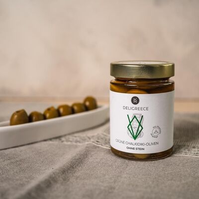 Stone-free green olives in sea salt brine