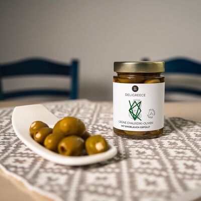 Green olives with garlic in sea salt brine