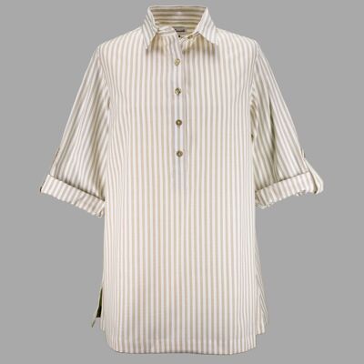 Grenouille Ladies Long Sleeve Beige and White Stripe Collared Tunic