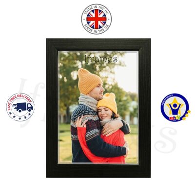 MDF Wooden Photo Frame, 30mm (W) x 15 (D), Wrapped in Black 5" X 3.5" (Inches), Comes with our Crystal Clear perspex sheet, Sizes Up to 12" x 12" Come With A Kickstand, All frames come with potrait and landscape hanging hooks