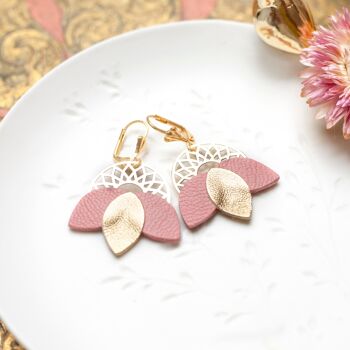 Boucles d'oreilles Rosace cuir rose et doré 1