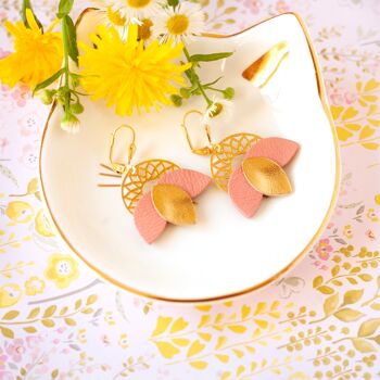 Boucles d'oreilles Rosace cuir rose et doré 2