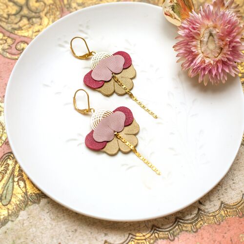 Boucles d'oreilles Orchidées - cuir rose, rouge foncé et bronze