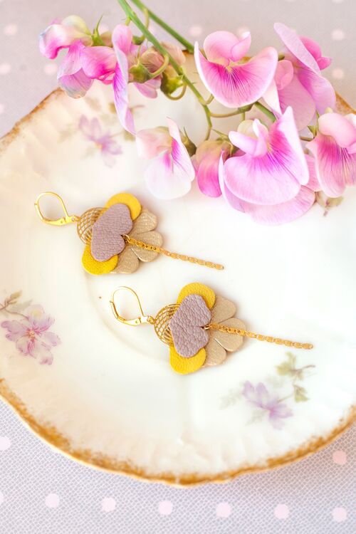 Boucles d'oreilles Orchidées - cuir gris-rose, jaune, or mat