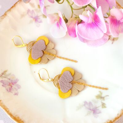 Orchids earrings - gray-pink, yellow, matt gold leather