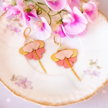 Boucles d'oreilles Orchidées - cuir rose clair, doré, rose foncé 1