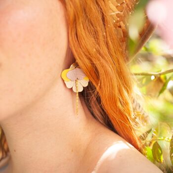 Boucles d'oreilles Orchidées - cuir rose clair, doré, rose foncé 2