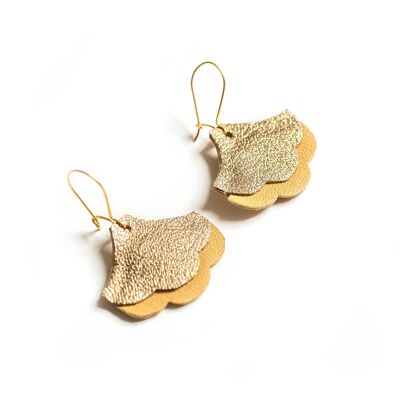 Ginkgo Art Deco Ohrringe - Gold und senfgelbes Leder