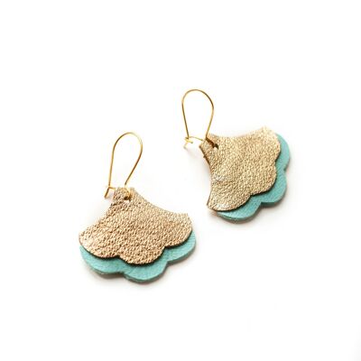 Ginkgo Art Deco earrings - gold and mint green leather