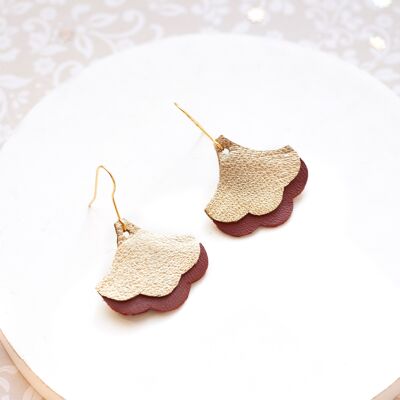 Ginkgo Art Deco earrings - gold and dark brown leather