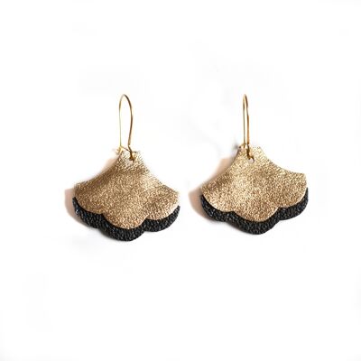 Ginkgo Art Deco earrings - gold and black leather