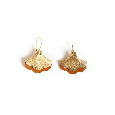 Ginkgo Art Deco earrings - gold and brown leather