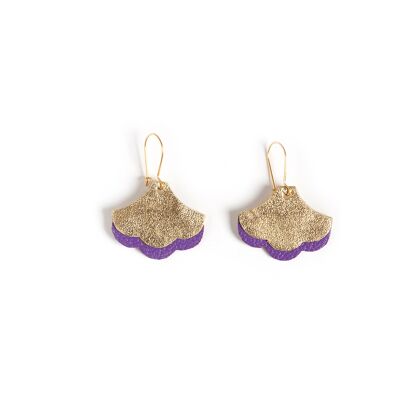 Boucles d'oreilles Ginkgo Art Déco - cuir doré et violet