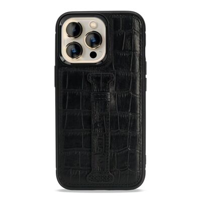 iPhone 13 Pro Leder Case mit Fingerschlaufe Kroko-Prägung schwarz