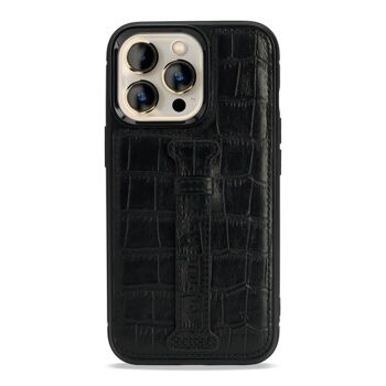 Étui en cuir pour iPhone 13 Pro avec boucle de doigt embossé crocodile noir 1