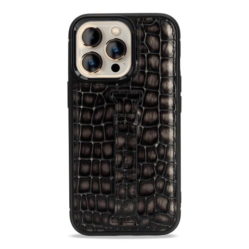 iPhone 13 Pro Leder Case mit Fingerschlaufe Milano-Design grau