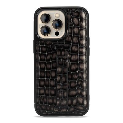 iPhone 13 Pro leather case with finger loop Milano design gray