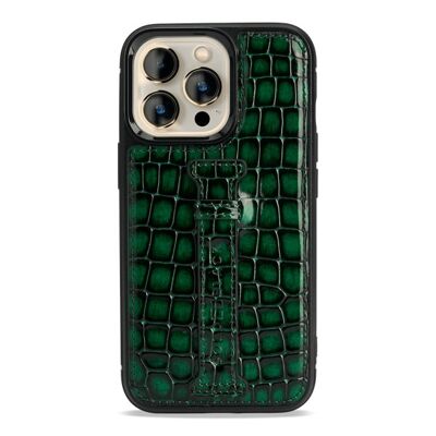 Custodia in pelle per iPhone 13 Pro con passante per le dita design Milano verde