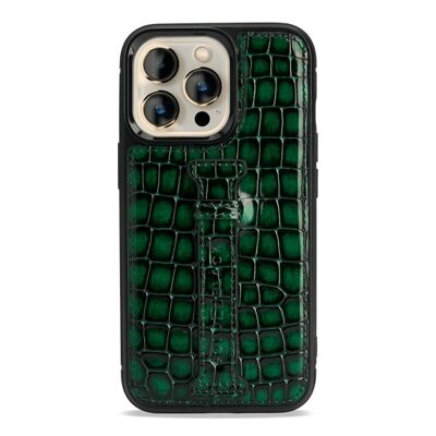 iPhone 13 Pro leather case with finger loop Milano design green