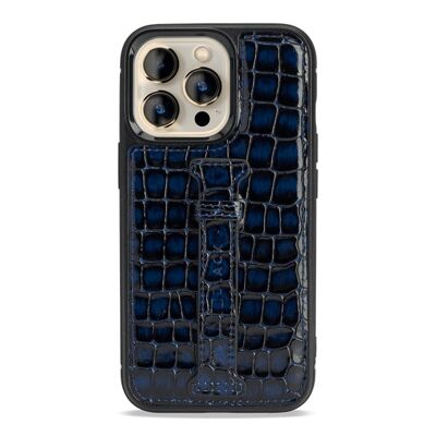 Étui en cuir pour iPhone 13 Pro avec passant pour le doigt Milano design bleu
