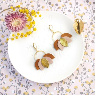 Palmier earrings - gold, pink, caramel brown leather
