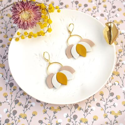 Boucles d'oreilles Nymphéas - cuir orangé, blanc, rose