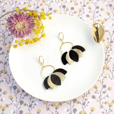 Palmier earrings - black and gold leather