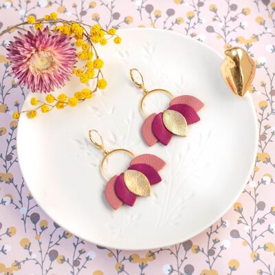 Nymphéas earrings - gold leather, dark pink, pink
