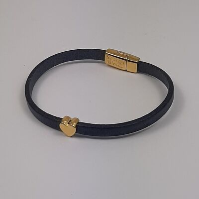 Bracelet cuir Semplice coeur bleu foncé plaqué or 24Krt