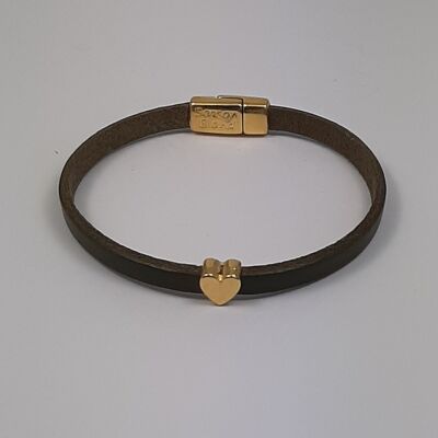 Bracciale in pelle Semplice cuore verde oliva placcato oro 24Kt