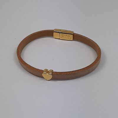 Semplice leather bracelet heart light cognac 24Krt gold plated