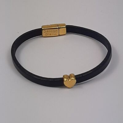 Bracelet cuir Semplice coeur noir plaqué or 24Krt