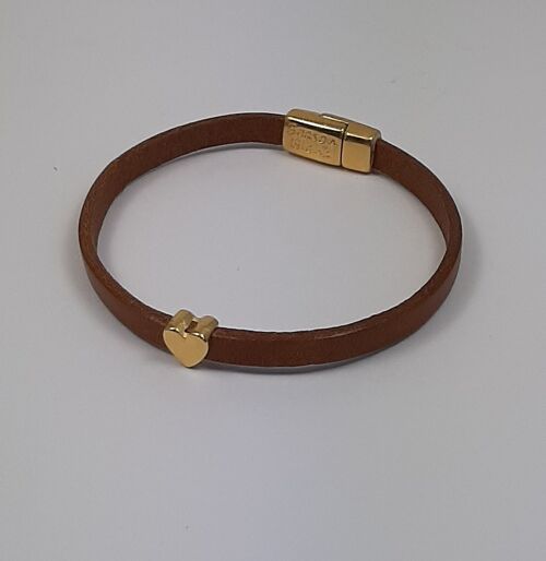 Semplice leren armband hartje cognac 24K verguld