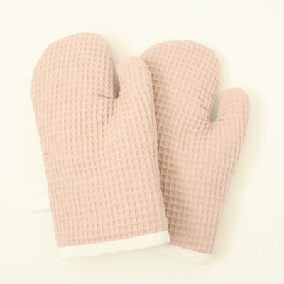 Waffle cloth oven mitts soft pink