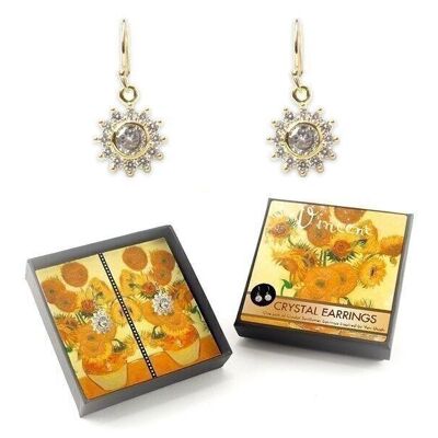 Vergoldete Ohrringe mit glitzernden Kristallsteinen, Van Gogh, Sonnenblumen