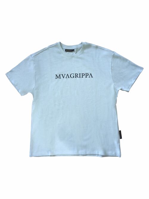 High quality oversized fit heavy felt 100% cotton T-Shirt with rubber print Mvagrippa text logo. Blue