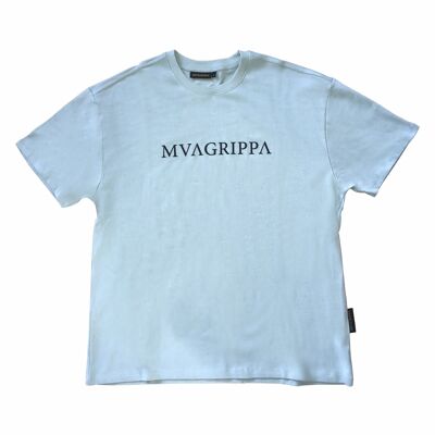 Camiseta 100% algodón de fieltro pesado de gran tamaño y gran calidad con estampado de goma con el logotipo de texto Mvagrippa. Azul