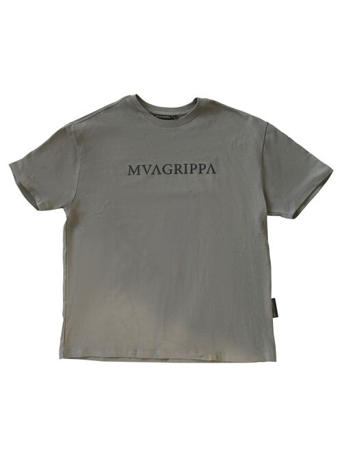 High quality oversized fit heavy felt 100% cotton T-Shirt with rubber print Mvagrippa text logo. Charcoal