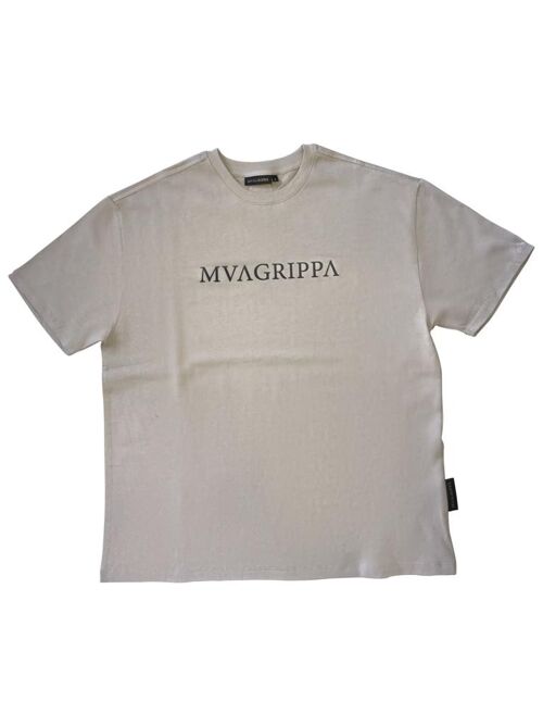 High quality oversized fit heavy felt 100% cotton T-Shirt with rubber print Mvagrippa text logo. Color Tan