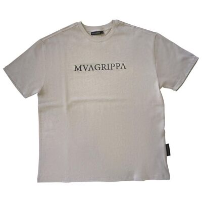Camiseta 100% algodón de fieltro pesado de gran tamaño y gran calidad con estampado de goma con el logotipo de texto Mvagrippa. Color tostado
